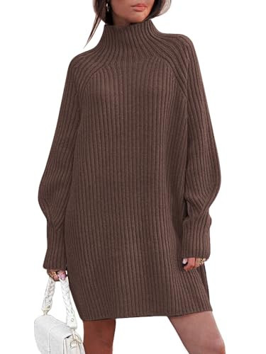 LILLUSORY Sweater Dresses for Women 2026 Fall Fashion Mock Neck Long Lantern Sleeve Oversized Outfits Knit Tops Clothes Brown M | Amazon (US)