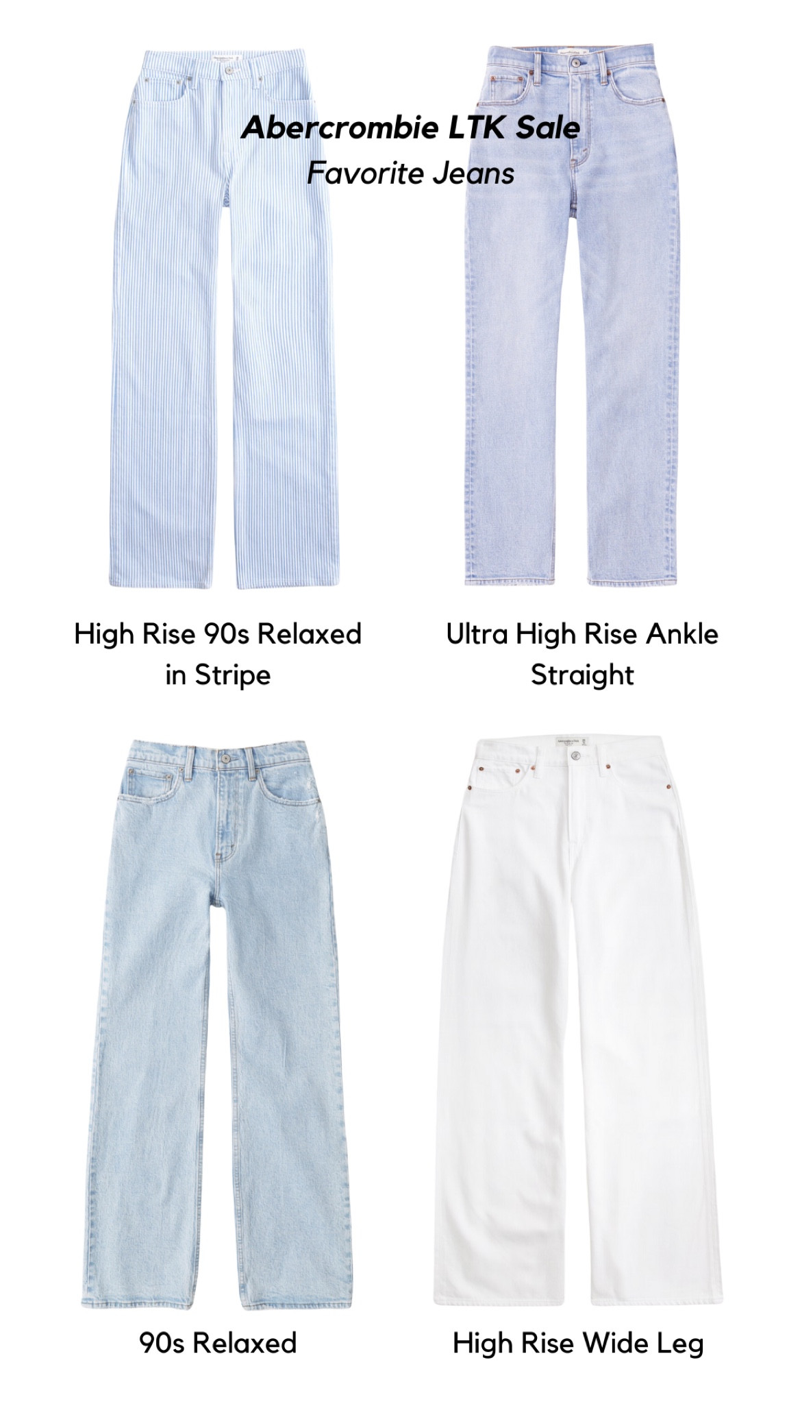 My favorite picks of Abercrombie jeans - love the stripes & wide leg denim. but you can’t go wrong with the 90s fit. It’s a best seller for a reason!! 

#LTKSpringSale #LTKsalealert #LTKSeasonal