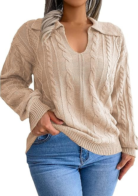 Allaruna Plus Size Sweaters for Women Polo V Neck Chunky Cable Knit Pullovers 1X-5X | Amazon (US)