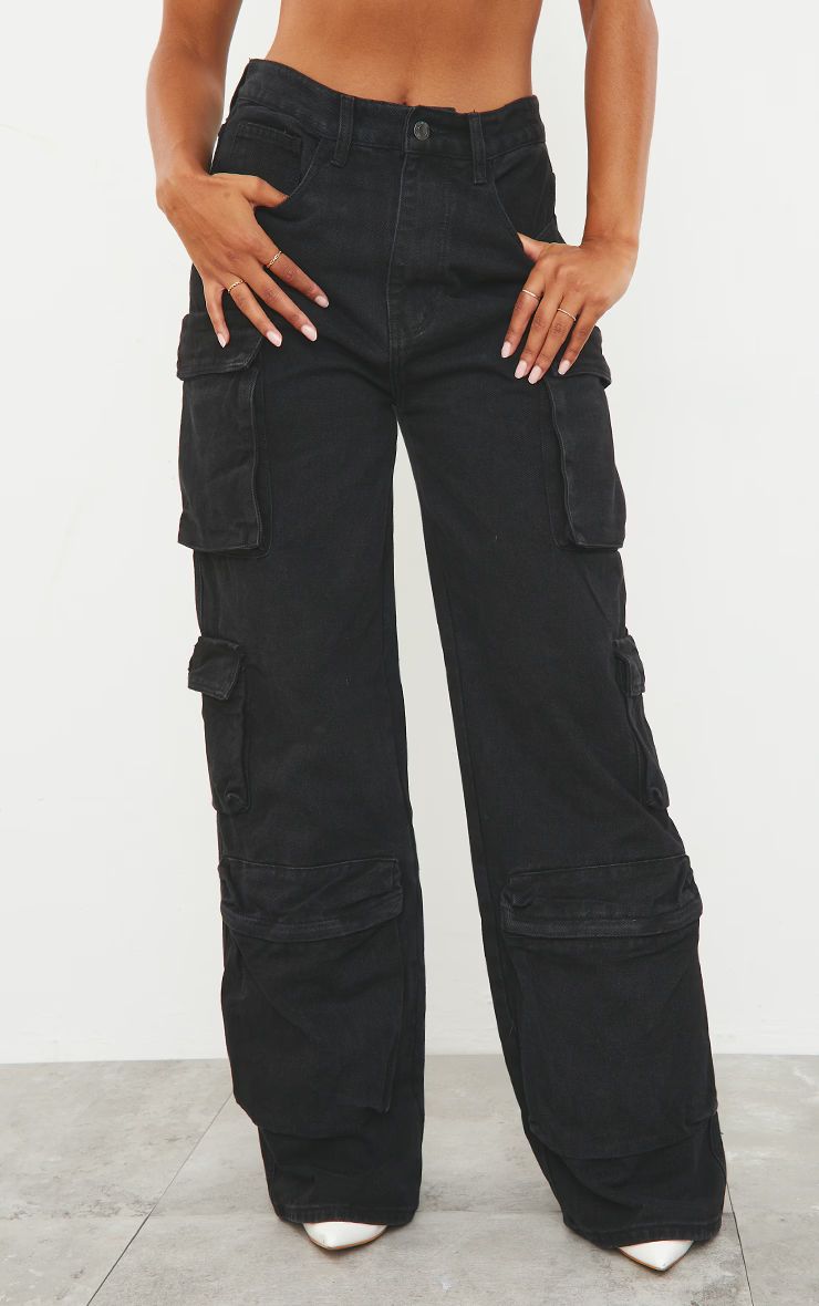 Washed Black Cargo Pocket Detail Wide Leg Jeans | PrettyLittleThing US