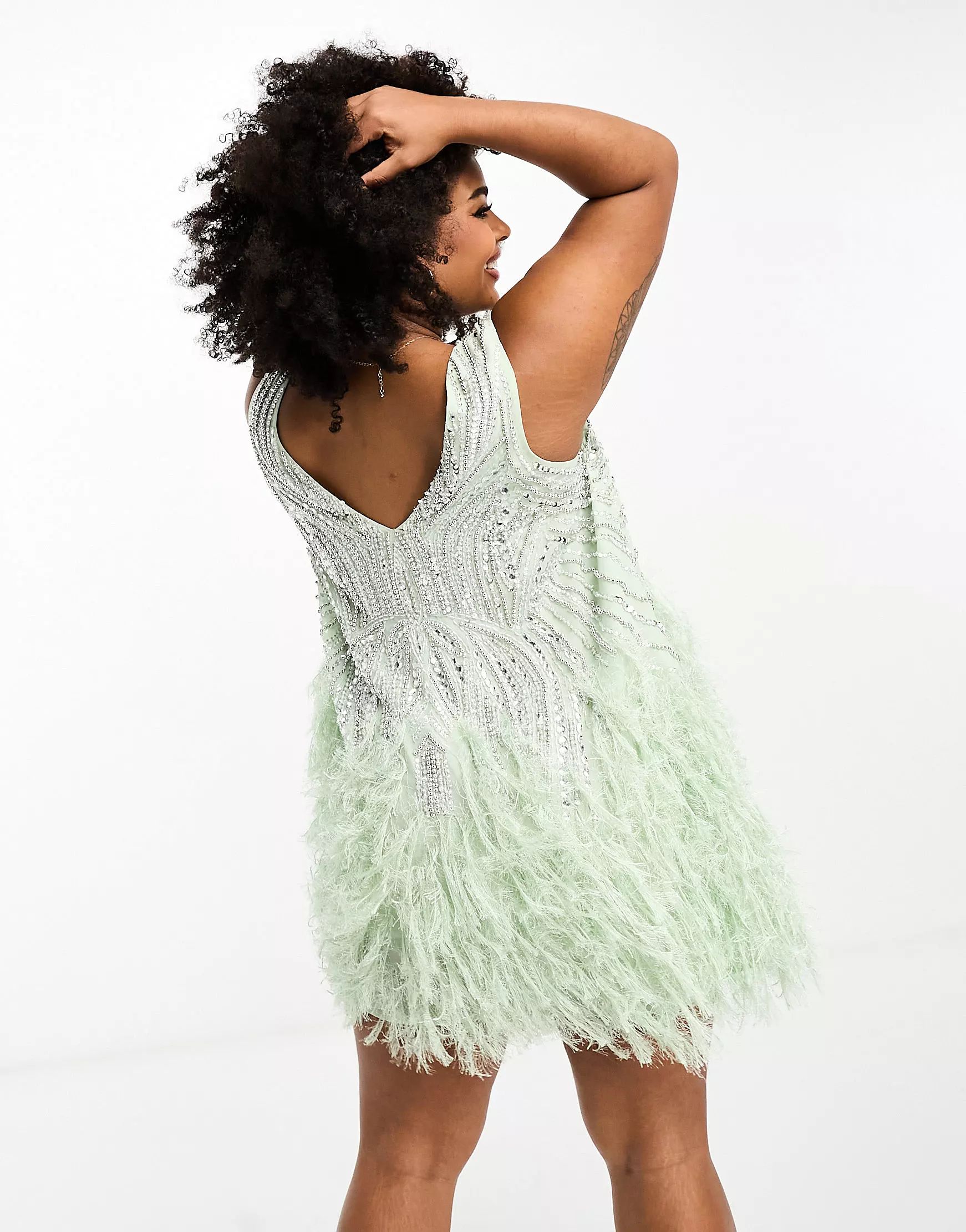 ASOS EDITION Curve crystal and bead mini dress with faux feather hem in sage green | ASOS (Global)