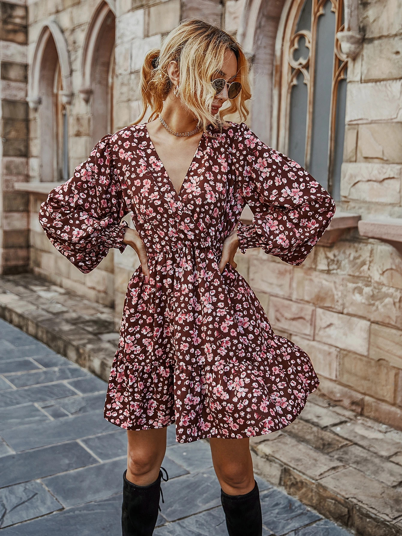 Floral Print Surplice Neck Ruffle Hem Dress | SHEIN