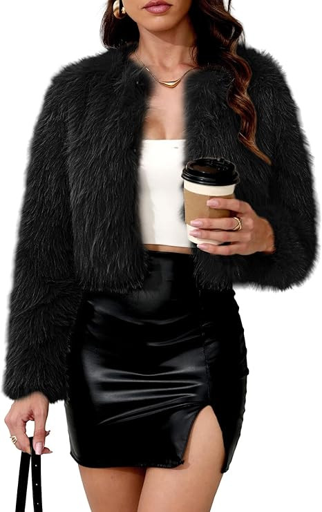 ELLEVEN Women's Trendy Cropped Faux Fur Coat Fluffy Open Front Jacket Long Sleeve Shaggy Short Fa... | Amazon (US)
