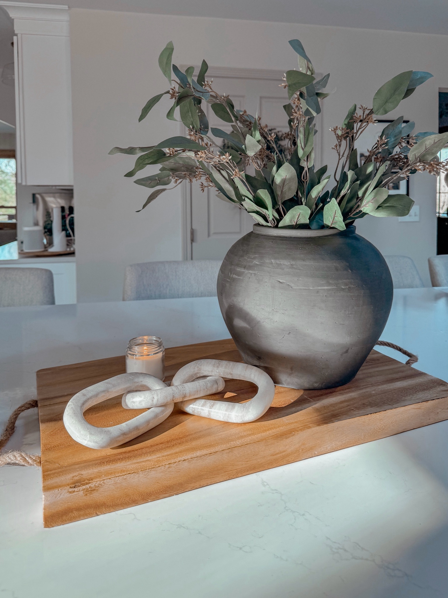 The prettiest Kitchen Island Centerpiece! The vintage pottery vase from Amazon is so stunning with the faux eucalyptus branches and marble links 😍 

#LTKhome