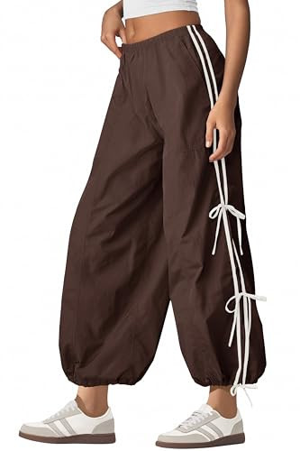 Panadila Women Parachute Pants Bow Knot Baggy Track Pants (Dark Brown,S) | Amazon (US)