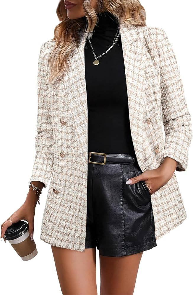 Happy Sailed Womens Plaid Tweed Blazers Dressy Casual Long Sleeve Double Breasted Open Front Blaz... | Amazon (US)