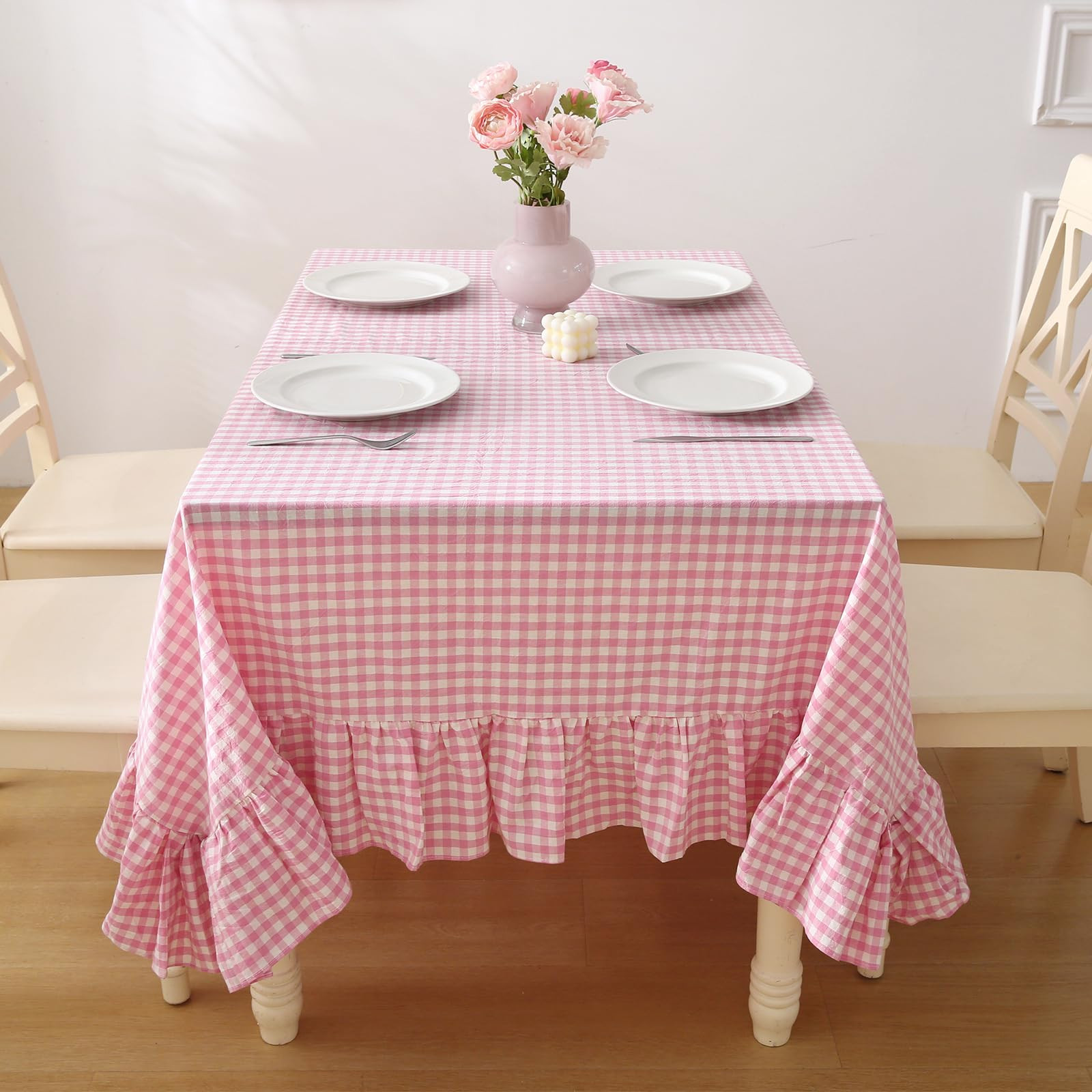 100% Cotton Pink Plaid Ruffled Table Cloth for Rectangle Table, Classic Farmhouse Checker Gingham... | Amazon (US)