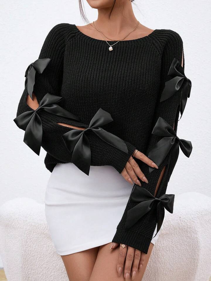 SHEIN Privé Bowknot Decoration Hollow Out Raglan Sleeve Sweater,Ladies Spring/Fall Casual Bow,Kn... | SHEIN