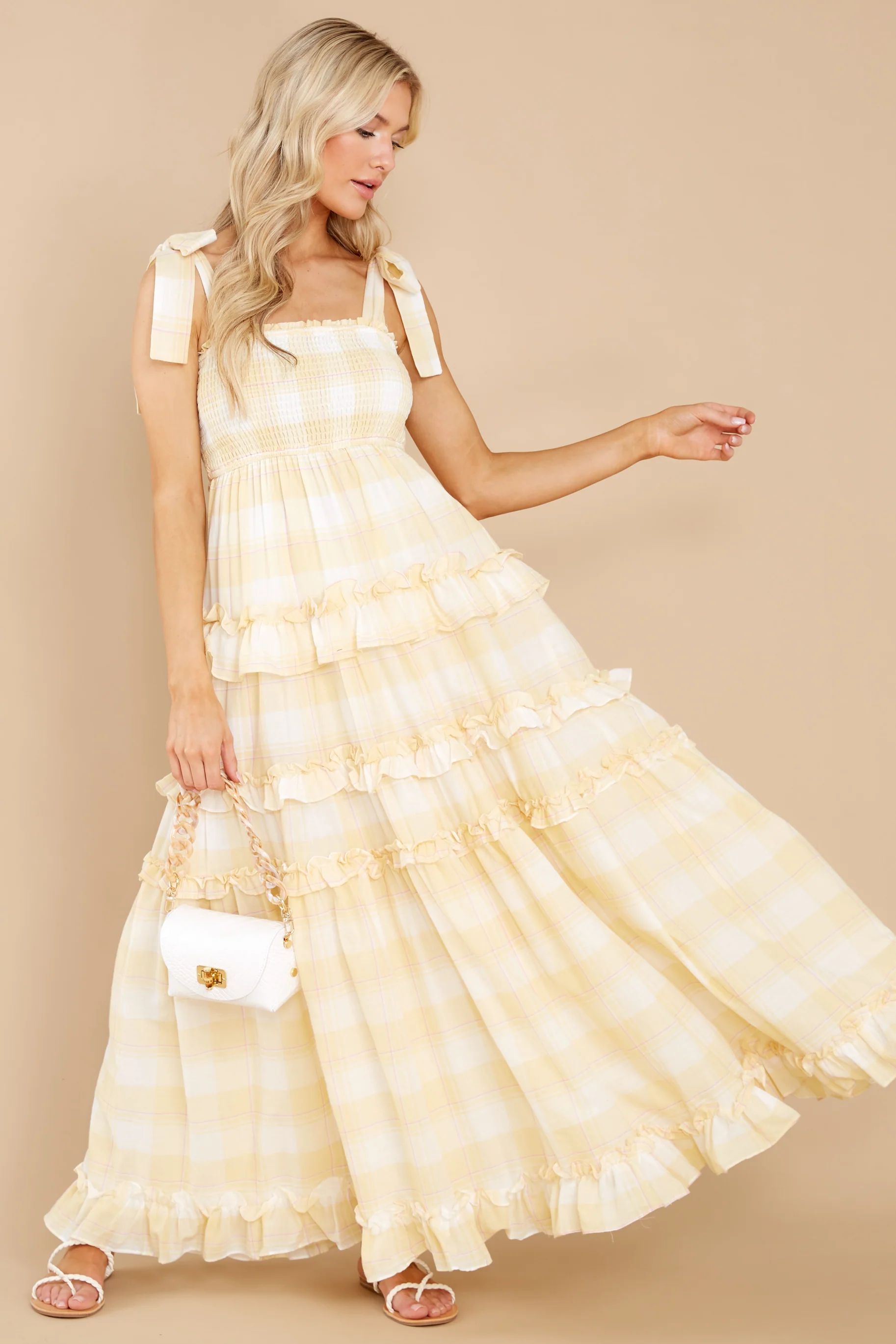 Turn Up The Radio Yellow Gingham Maxi Dress | Red Dress 