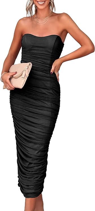 ANRABESS Women Ruched Bodycon Dress 2023 Summer Sexy Strapless Sleeveless Slit Party Cocktail Clu... | Amazon (US)