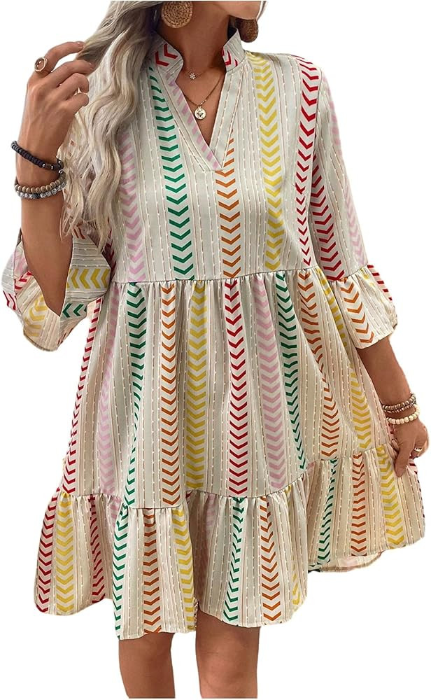 GORGLITTER Women's Boho Babydoll Ruffle Mini Dress Trendy V Neck 3/4 Sleeve Colorful Dresses Spri... | Amazon (US)