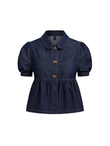 CIDER Women Denim Peter Pan Collar Ruched Puff Sleeve Blouse Denim Neck Short Sleeve Shirts | Amazon (US)