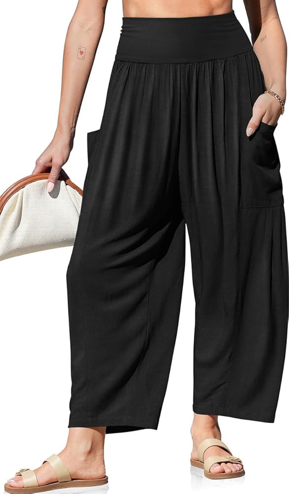 TARSE Womens Linen Wide Leg Pants Casual Loose Elastic Waist Beach Travel Vacation Palazzo Harem ... | Amazon (US)