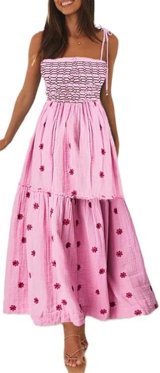 Womens Boho Long Summer Dresses Casual Beach Vacation Sun Dress Spaghetti Strap Flowy Embroidered... | Amazon (US)