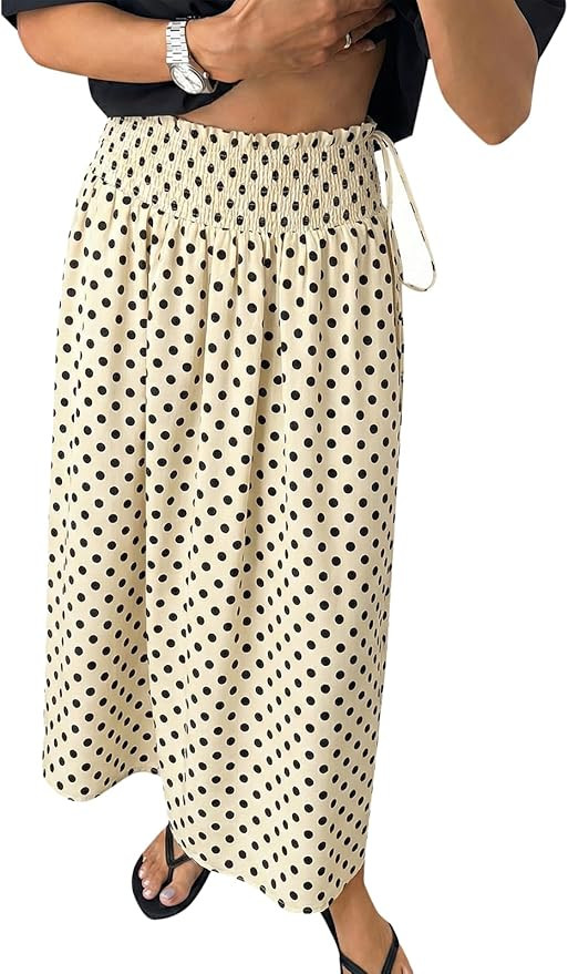 Tankaneo Womens Polka Dot Maxi Skirts Boho Smocked High Waisted Tie Skirt Casual Beach Vacation D... | Amazon (US)