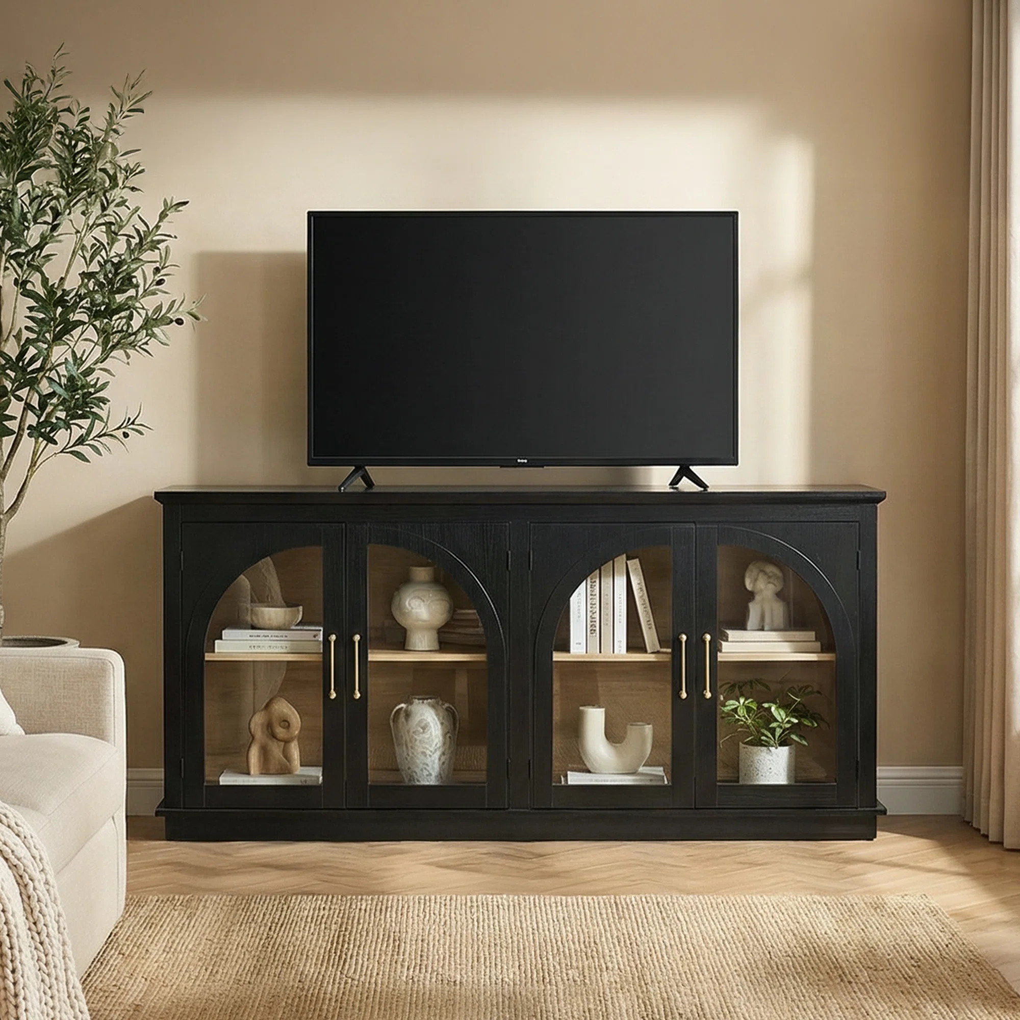 65" TV Stand with Adjustable Shelves, Accent Buffet & Sideboard With Arched Glass Door, Black | Wayfair North America