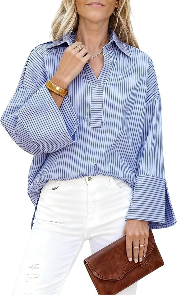 Watashi Women Button Down Shirt Casual Striped Print Dress Shirts Loose Long Sleeve Collared Offi... | Amazon (US)