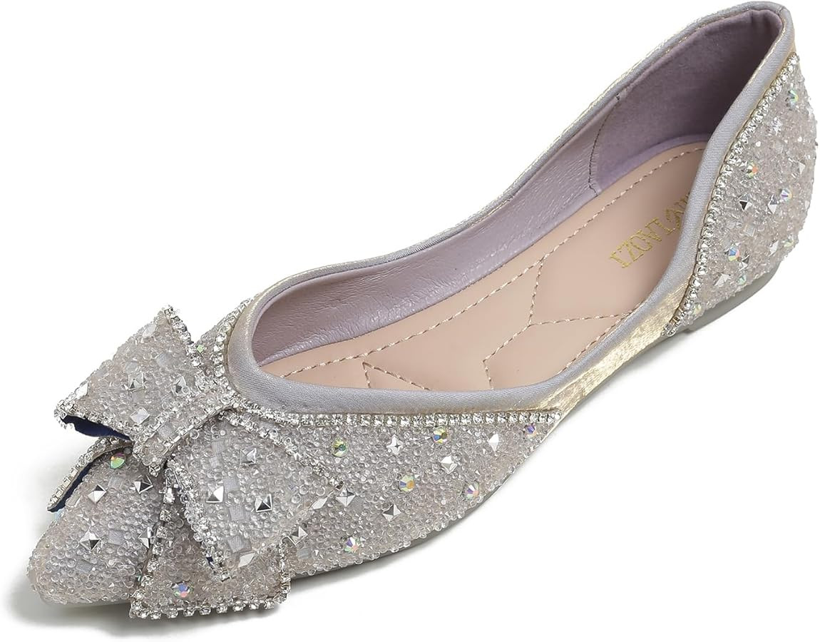 Flats Shoes Women Rhinestone Wedding Flats Comfort Pointed Toe Ballet Flat Shoe Low Heel Dress Sh... | Amazon (US)