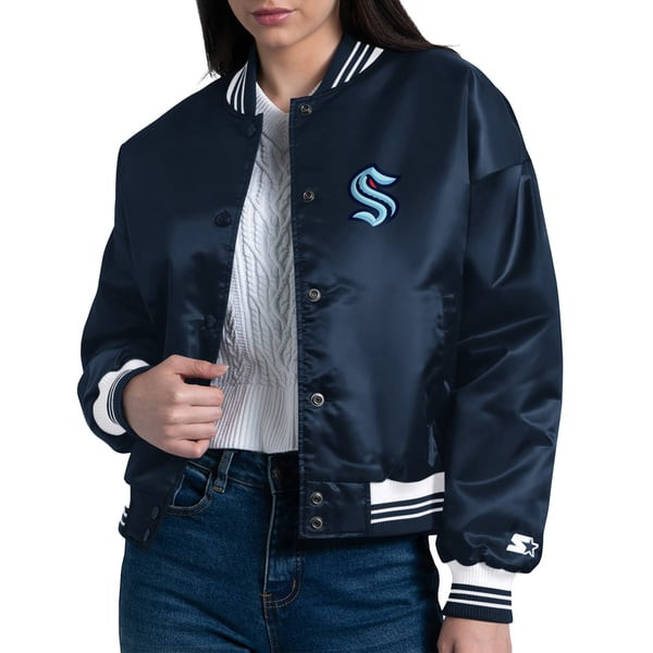 Seattle Kraken Starter Women's Printed Round Team Logo Satin Varsity Full-Snap Jacket - Deep Sea Blue | Fanatics