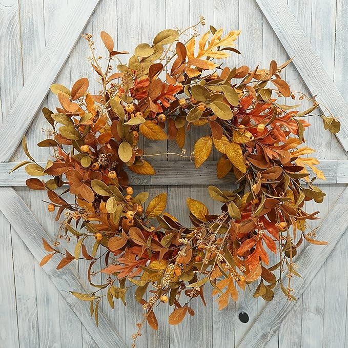 Artificial Fall Wreath for Front Door Autumn Wreath with Bright Oak Leaves,Small Pumpkin,Berry Br... | Amazon (US)