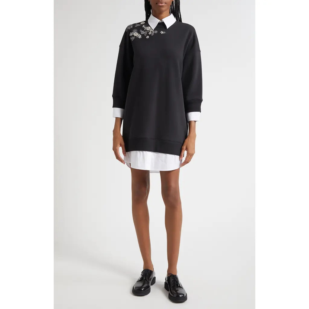 Cinq à Sept Crystal Long Sleeve Sweatshirt Dress in Black/silver at Nordstrom, Size Small | Nordstrom