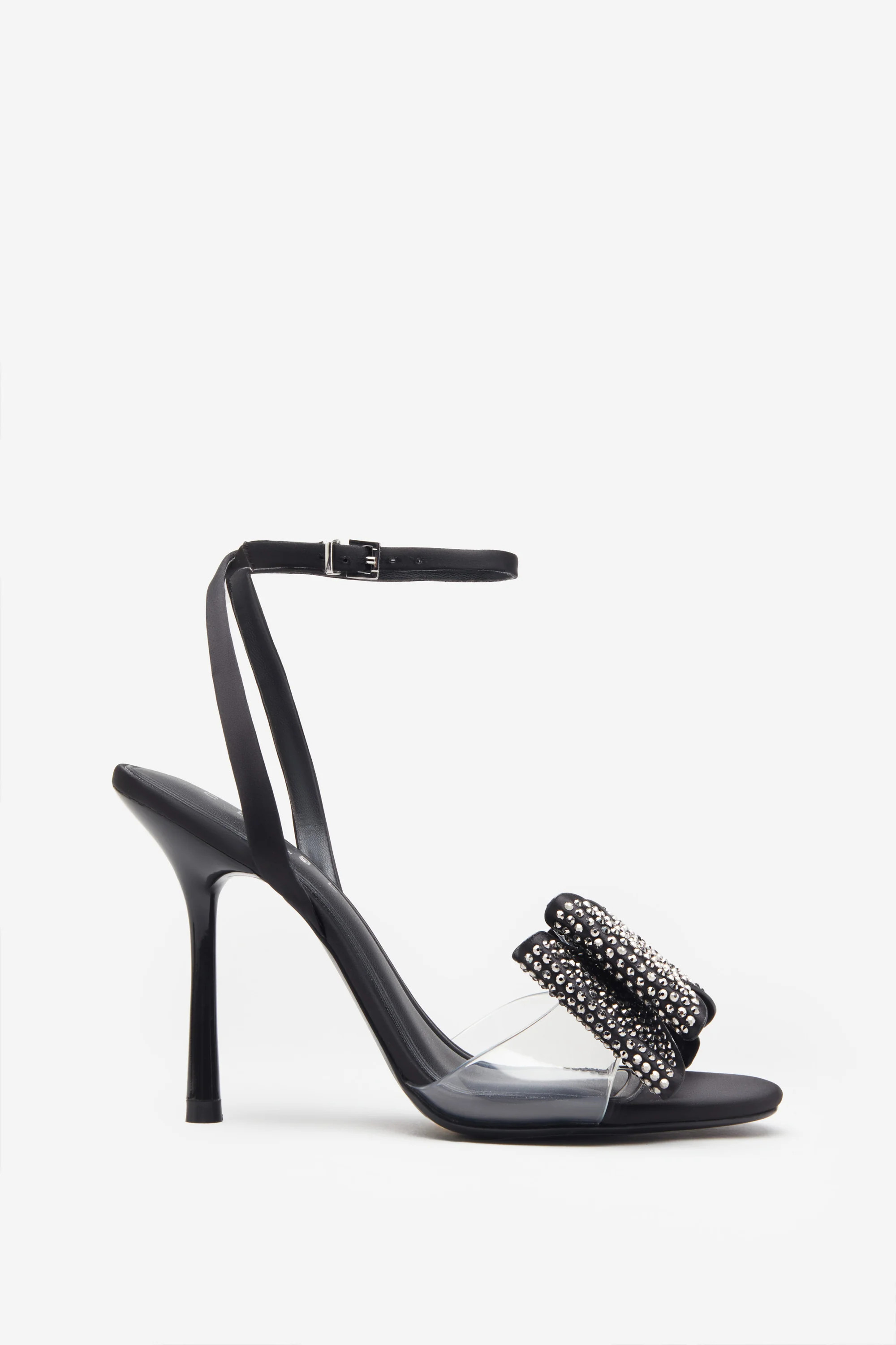 Bowing | Black Satin Heeled Sandals With Diamante Bows | Club L London