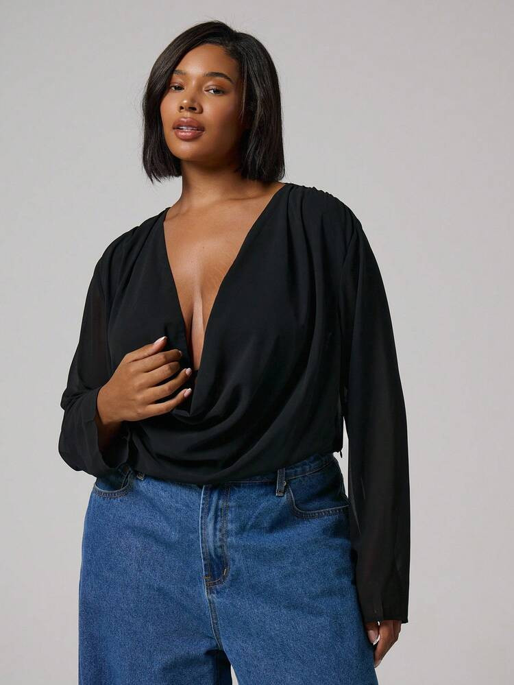 MUSERA Plus Size Cowl Neck Plunge Long Sleeve Chiffon Cropped Top Going Out Autumn Winter | SHEIN
