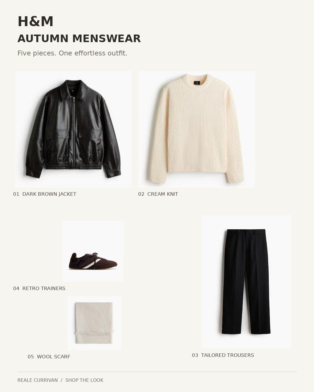 Five H&M pieces for an effortless autumn outfit 🍂 A dark brown jacket, cream knit, black tailored trousers, retro trainers and a neutral wool scarf. Easy layers for coffee runs, weekend plans and everyday menswear. Tap the products to shop the full look and save this outfit for later.

#HM #AutumnOutfit #Menswear #MensFashion #AutumnStyle
Affiliate links — I may earn a commission from purchases. 

 #LTKuk #LTKautumn #LTKmens