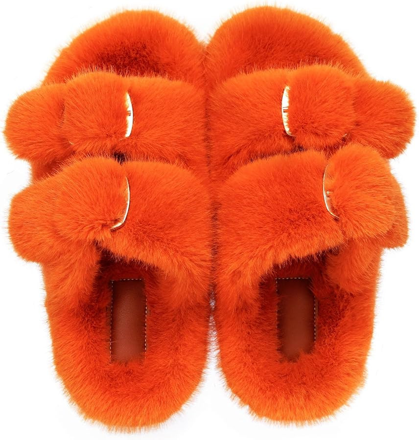 Fuzzy Slippers for Women House Shoes Winter Warm Adjustable Double Straps Fluffy Faux Fur Open To... | Amazon (US)