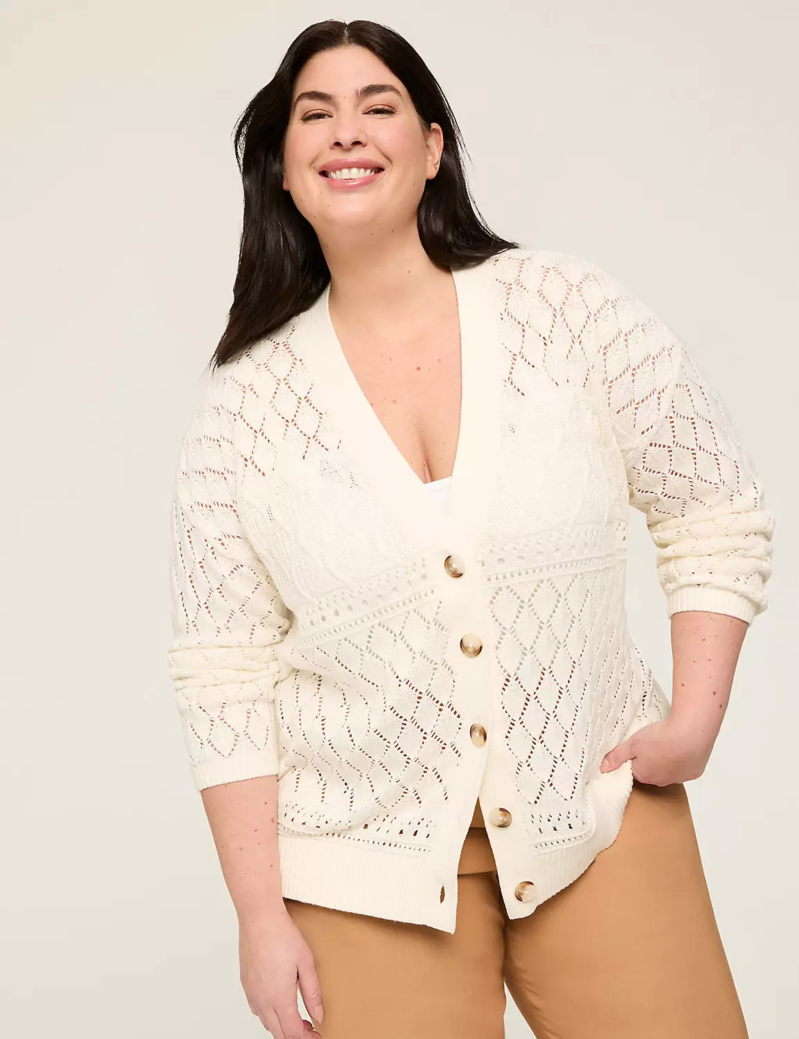 Pointelle Stitch Button-Front Cardigan | Lane Bryant (US)