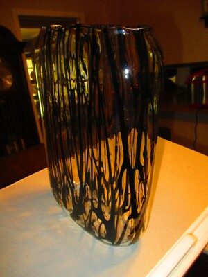 Expressionistic Detailing Handblown Modernist oval Translucent Vase Black&Clear  | eBay | eBay US