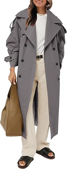Farktop Womens Oversized Long Trench Coat Double Breasted Lapel Windproof Overcoat with Belt | Amazon (US)