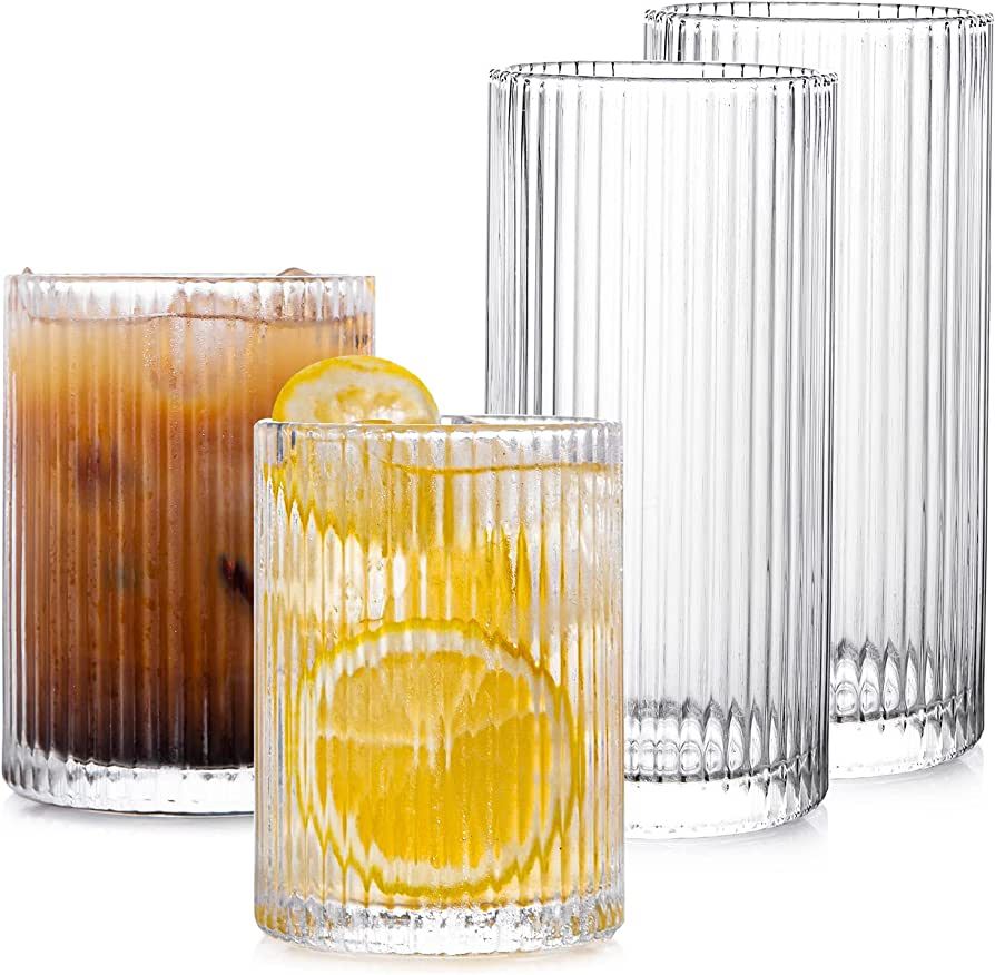 Drinking Glasses with Origami Style Set of 4pcs Glass Cups,2 Highball Glasses & 2 Rocks Glasses,E... | Amazon (US)