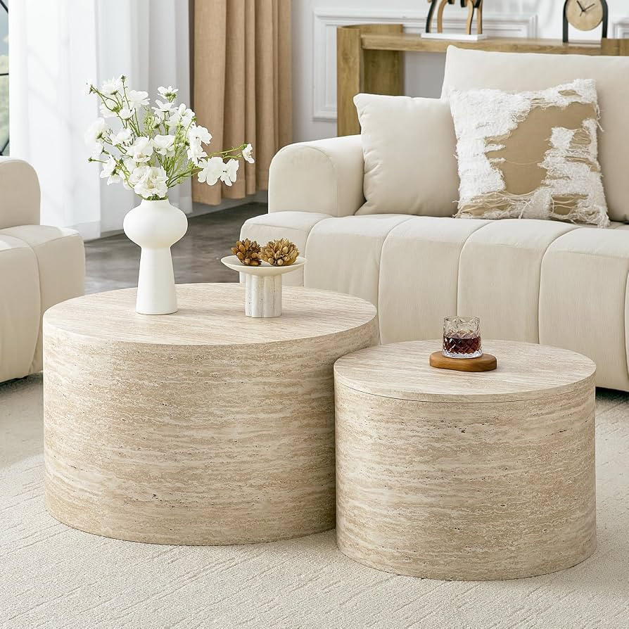 LKTART Round Nesting Coffee Table Set of 2\uff0c Modern Small Circle Coffee Table Travertine Side... | Amazon (US)