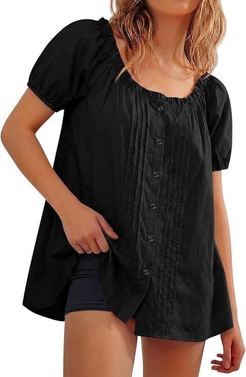 Tankaneo Womens Scoop Neck Babydoll Tops Summer Dressy Short Puff Sleeve Button Down Shirts Overs... | Amazon (US)