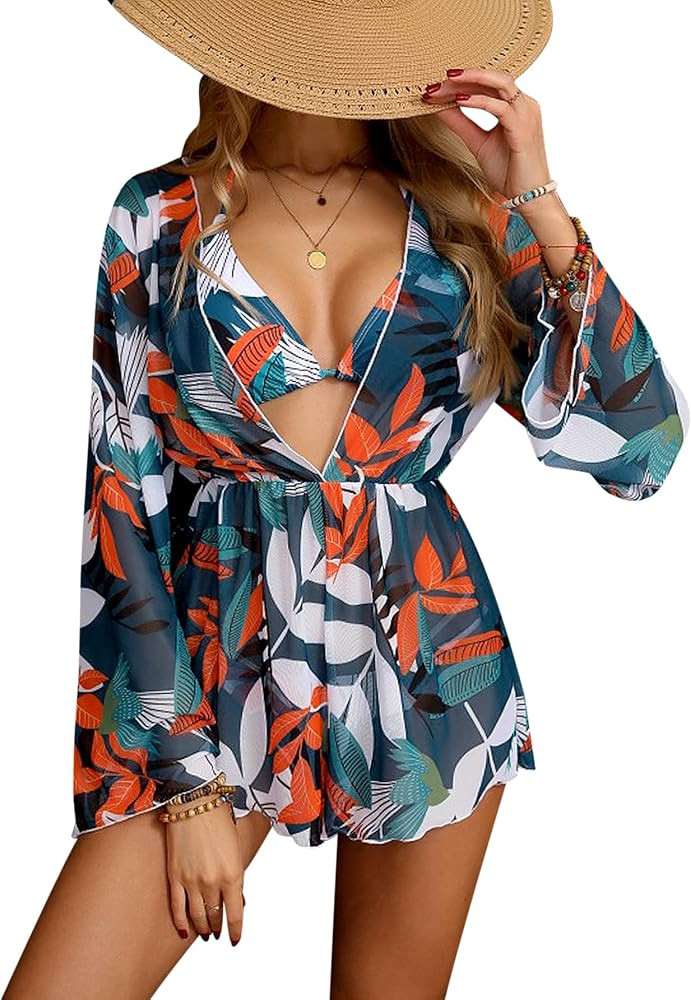 Verdusa Women's Tropical Print Halter Triangle Bikini Set Swimsuit with Cover Up Romper | Amazon (US)