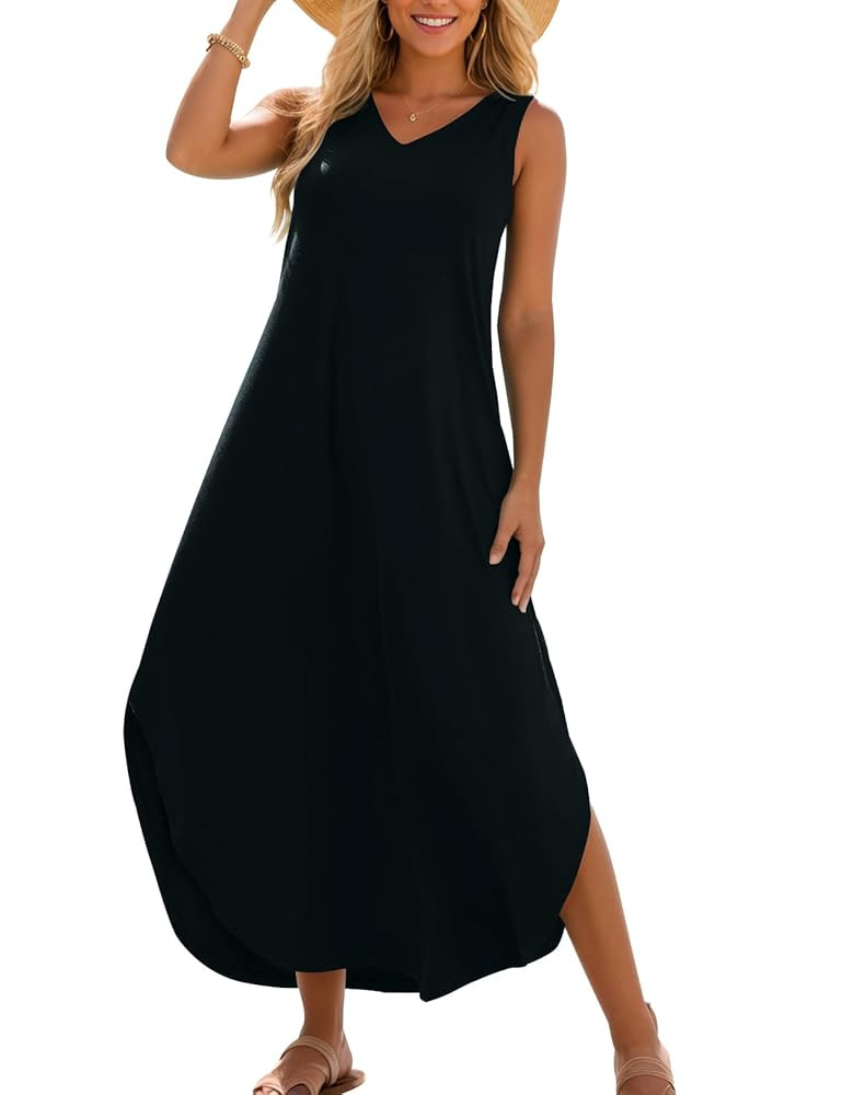 Zilcremo Women Summer Sleeveless Dress Casual V Neck Loose Split Tshirt Long Dresses | Amazon (CA)
