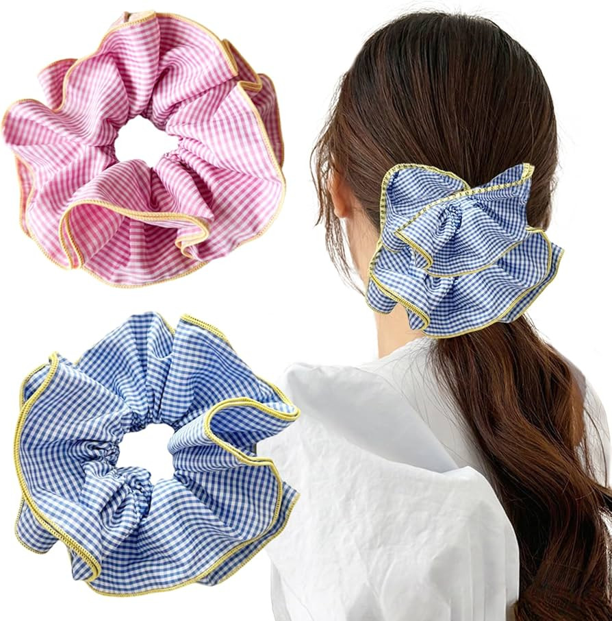 2 Pack Oversized Scrunchies, Large Lace & Satin Hair Ties for Bun or Ponytail - Blue & Pink Fancy... | Amazon (US)