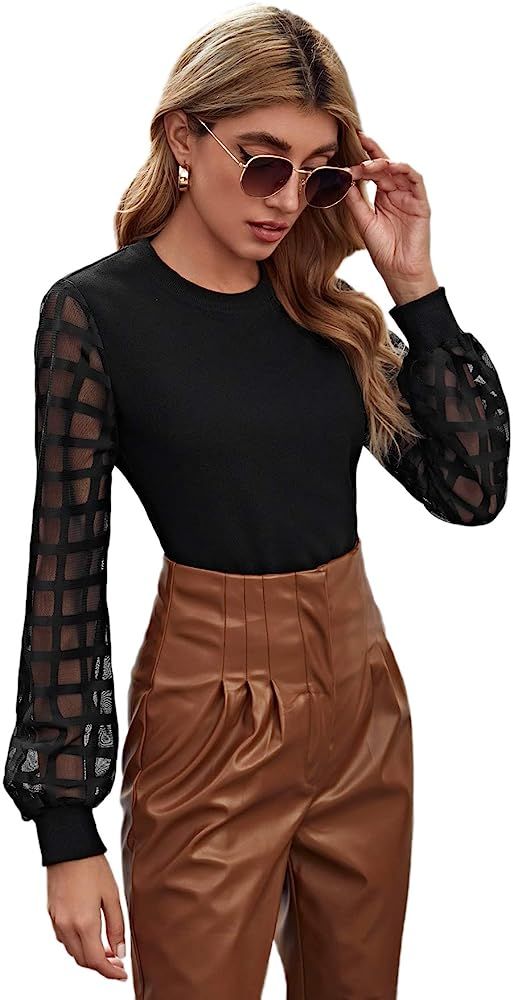 SOLY HUX Women's Sheer Mesh Long Sleeve Slim Fit Top Blouse | Amazon (US)