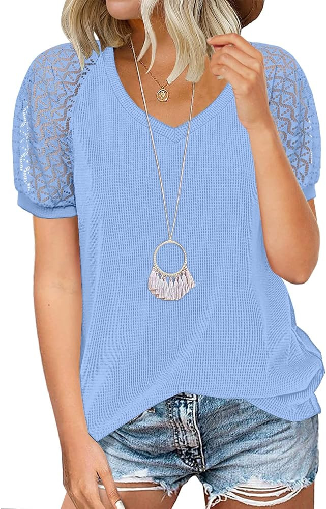 MIHOLL Women's Lace Short Sleeve V Neck Shirts Loose Casual Tops Tee Shirt | Amazon (US)