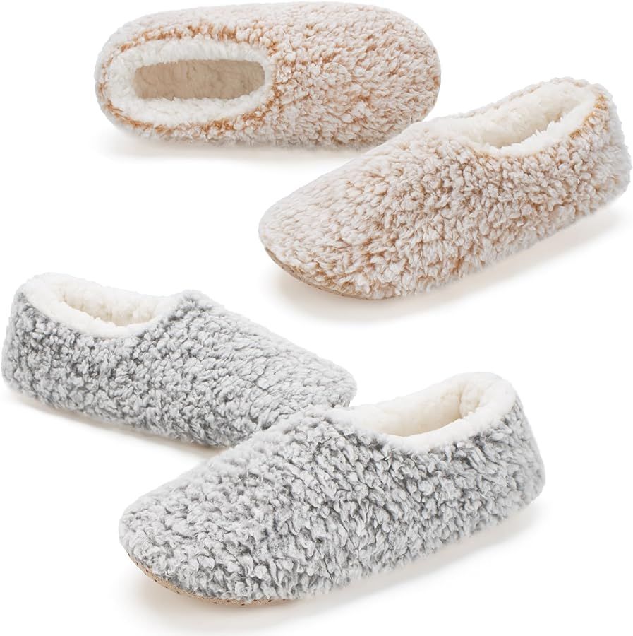 2-PK Soft Furry House Slippers for Women Indoor, Warm Sherpa Ballerina Anti-skid Soles, Winter Be... | Amazon (US)