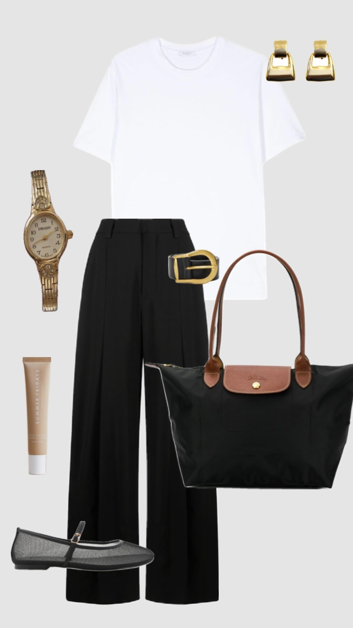 Basic white tee, black trouser pants, and Longchamp designer bag. Classic workwear for a clean girl look. 

#LTKWorkwear #LTKgrwm #LTKootd