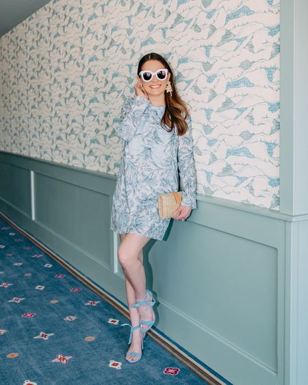 Embracing all things spring in this look from our recent trip to Chattanooga including this blue floral chintz long sleeve bow front shift dress with a wicker clutch, floral rattan earrings, blue suede sandals, and white sunglasses.

#LTKSeasonal #LTKfindsunder100 #LTKstyletip