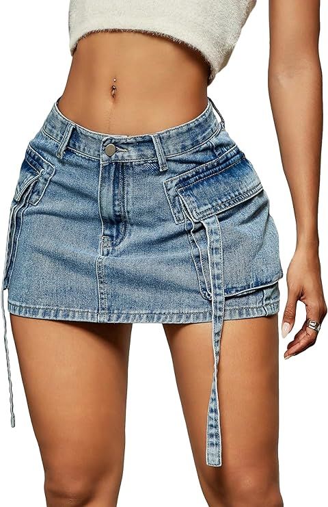 Verdusa Women's Casual Street Low Waist Tape Denim Cargo Mini Skirt with Flap Pocket | Amazon (US)