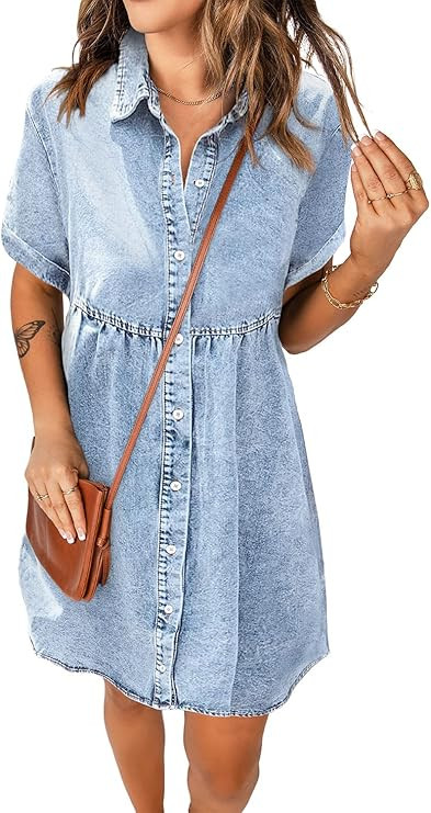 luvamia Women's Casual Short Sleeve Button Down Tiered Denim Babydoll Jean Dress | Amazon (US)