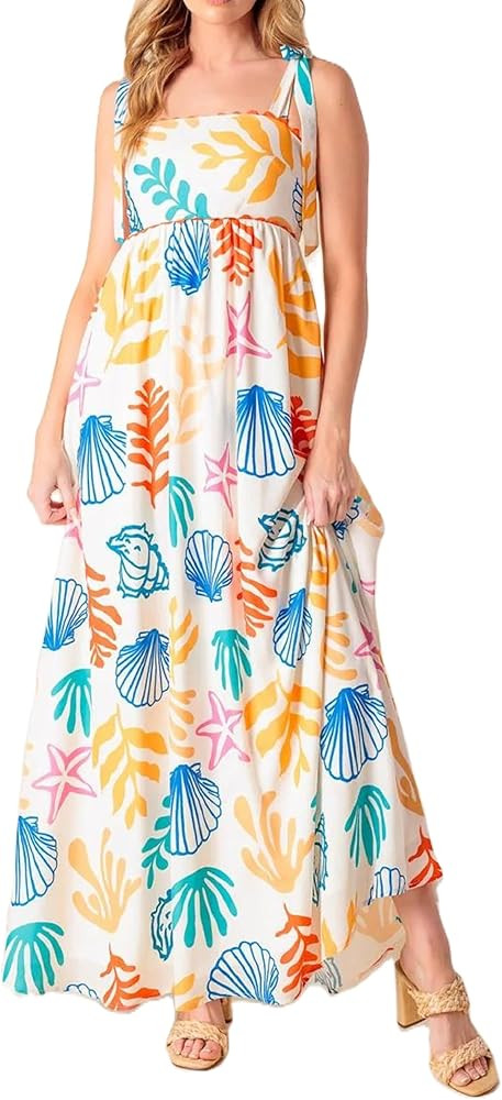 Tie Shoulder Boho Floral Long Dress for Women Sleeveless Smocked Tiered Maxi Dress Flowy Going Ou... | Amazon (US)