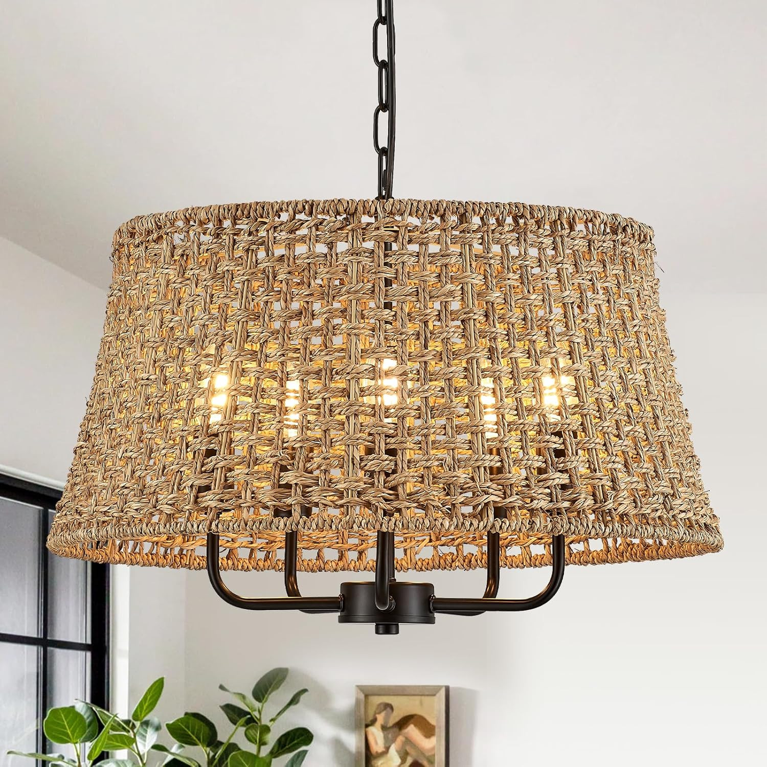 19.7" Boho Rattan Chandelier, 5-Light Black Wicker Light Fixture | Amazon (US)