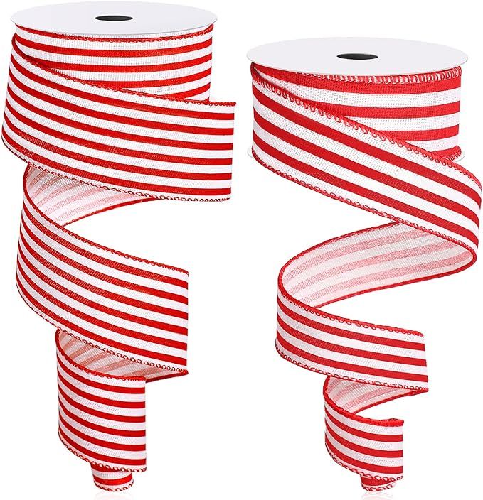 22 Yards Christmas Stripe Wired Edge Ribbon 1.5/2.5 Inch Craft Striped Ribbon Striped Fabric Ribb... | Amazon (US)