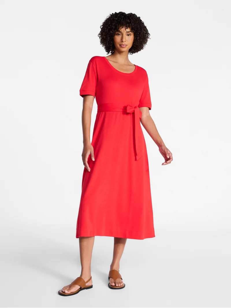 Time and Tru Women's Knit Midi Dress with Tie Belt, Sizes XS-XXXL | Walmart (US)