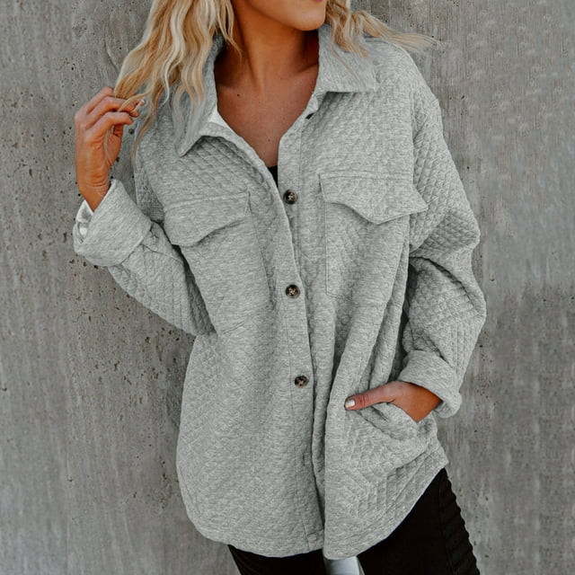 Tdoqot Womens Jackets Trendy- Casual Button Down Lightweight Waffle Knit Boyfriend Shacket Gray S... | Walmart (US)